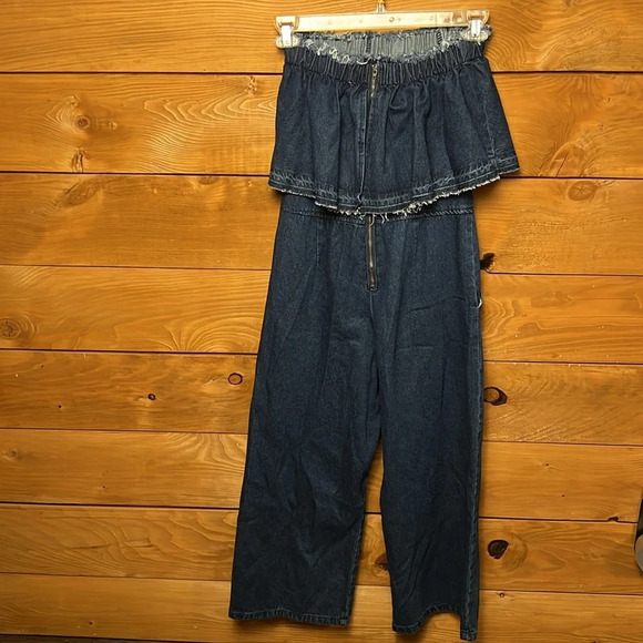 JOA Los Angeles Womens Strapless Blue Denim Jumpsuit  Wide Leg Cropped Frayed XS - Picture 6 of 11